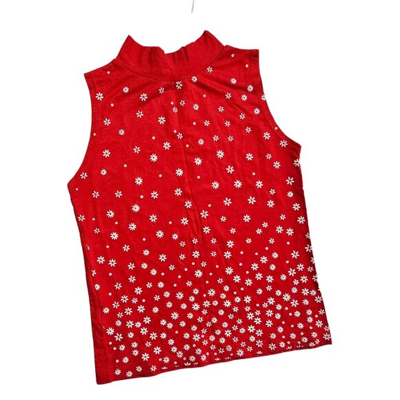 Women's Floral Top -Turtle neck; White & Red Color; Sleeve-less - Picture 1 of 8